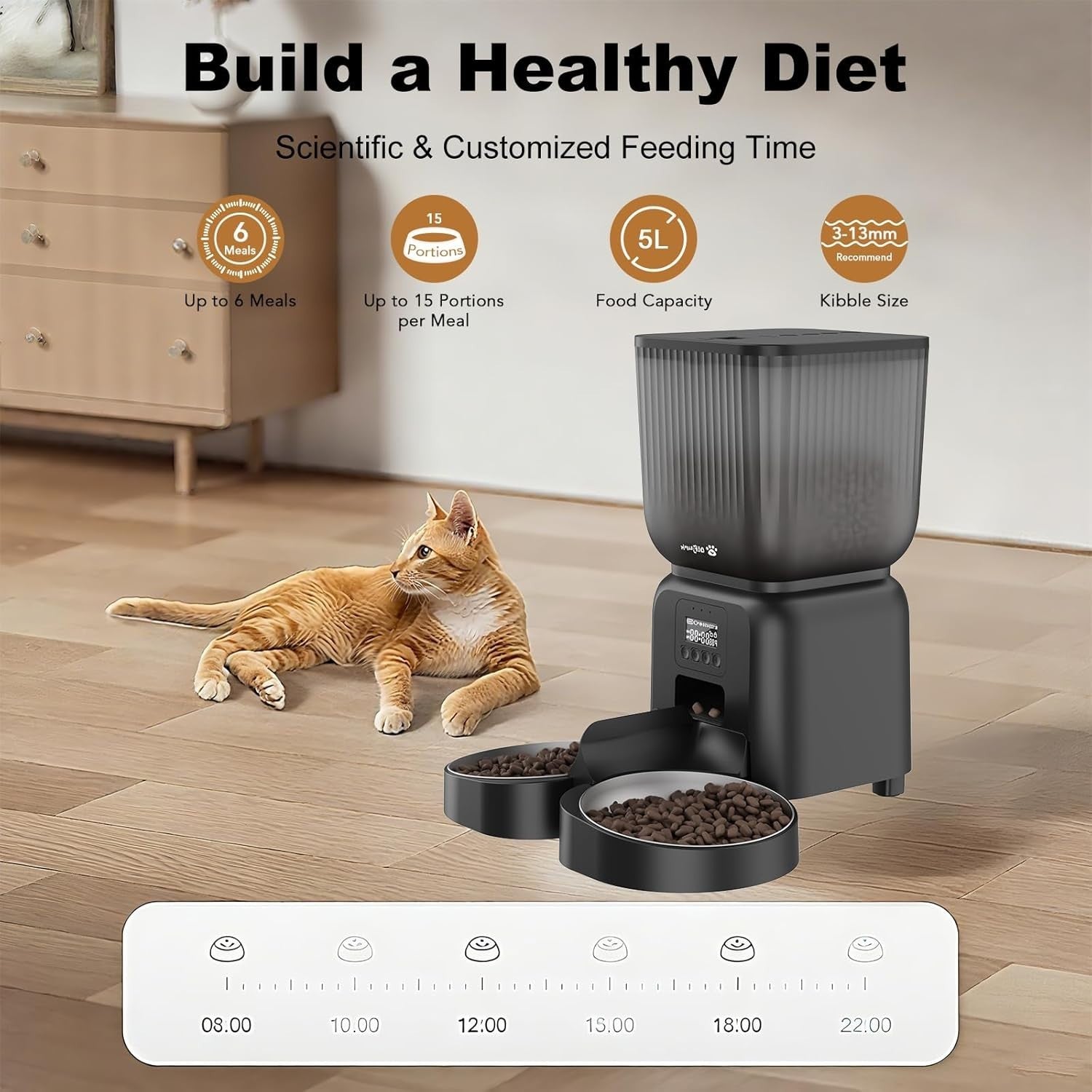 5L Automatic Cat Feeder Timed Food Dispenser 1-6 Meals Dual Power Dry Food