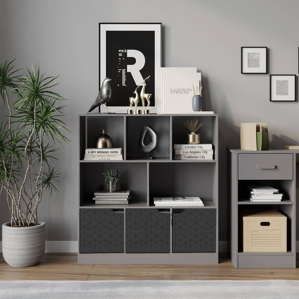 Modern 8 Cube Bookcase with Doors Geo Design Storage Unit for Living Room