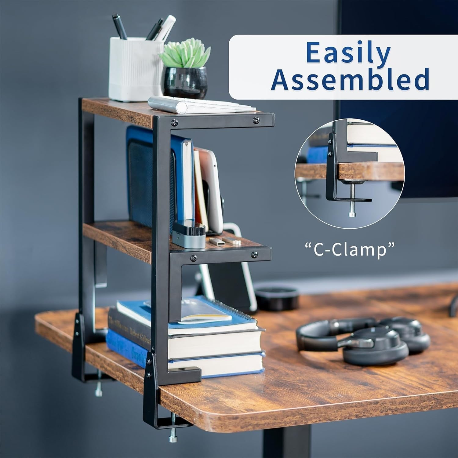 Clamp-On Desk Shelf 2-Tier Rustic Brown 13" Above/Below Mount Storage Organizer