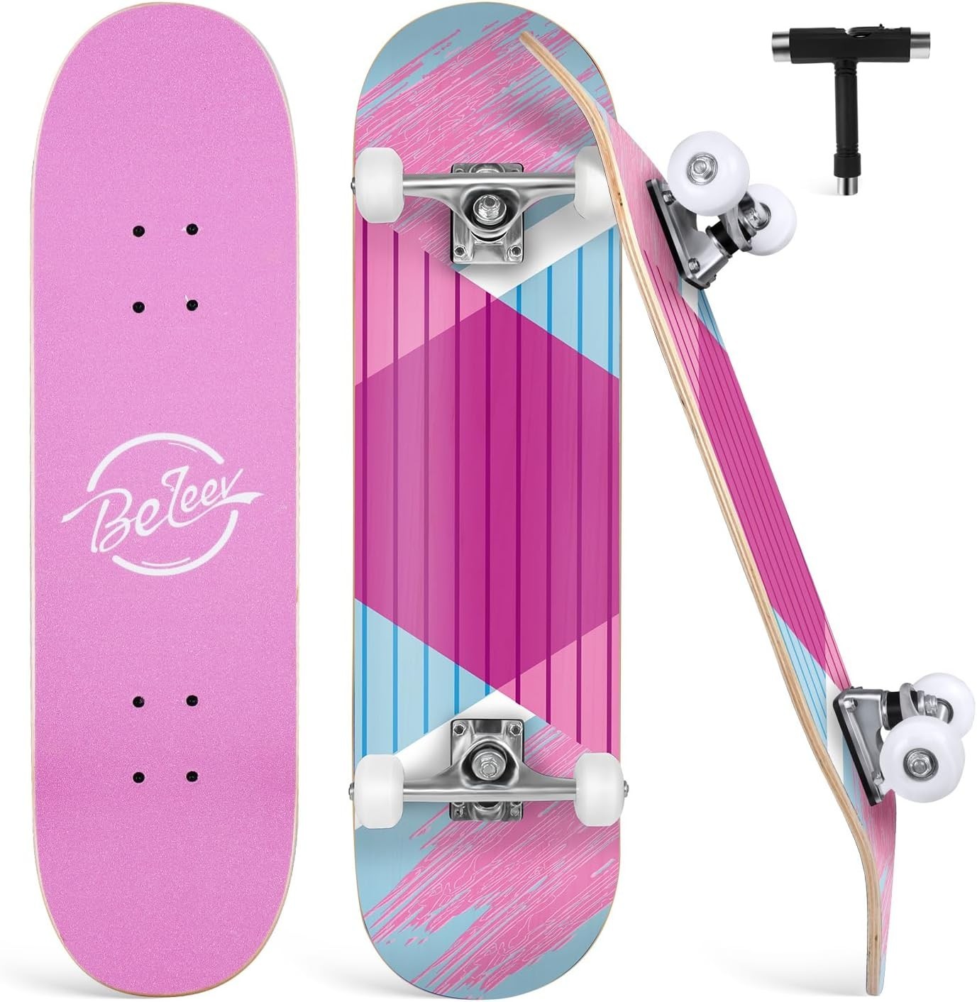 31x8 Maple Complete Skateboard Double Kick Concave Cruiser Pink Blue
