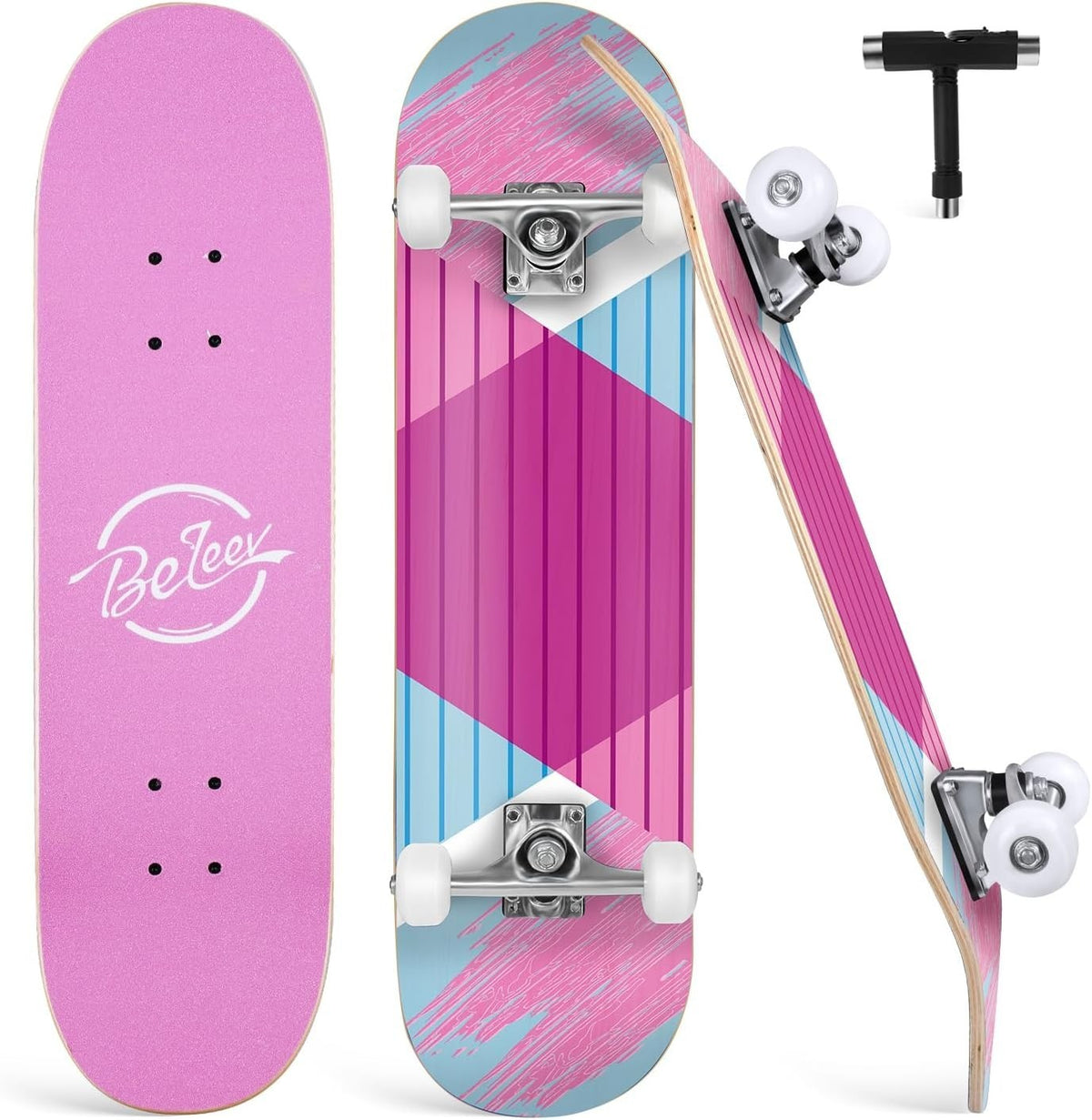 31x8 Maple Complete Skateboard Double Kick Concave Cruiser Pink Blue