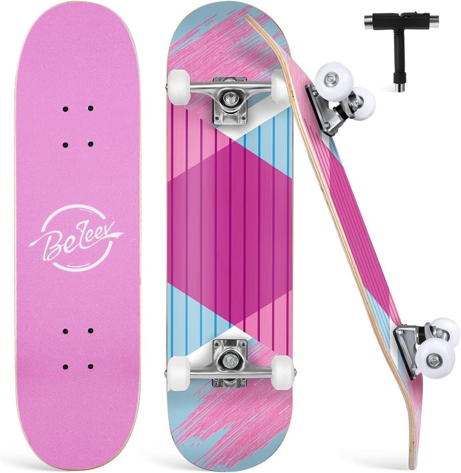 31x8 Maple Complete Skateboard Double Kick Concave Cruiser Pink Blue