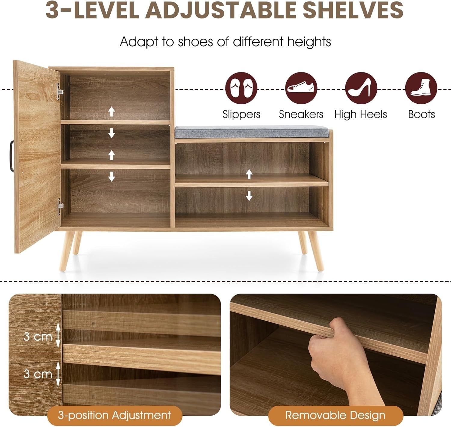 Rattan Shoe Cabinet Bench with Cushion Adjustable Shelves Pine Wood Legs Unit