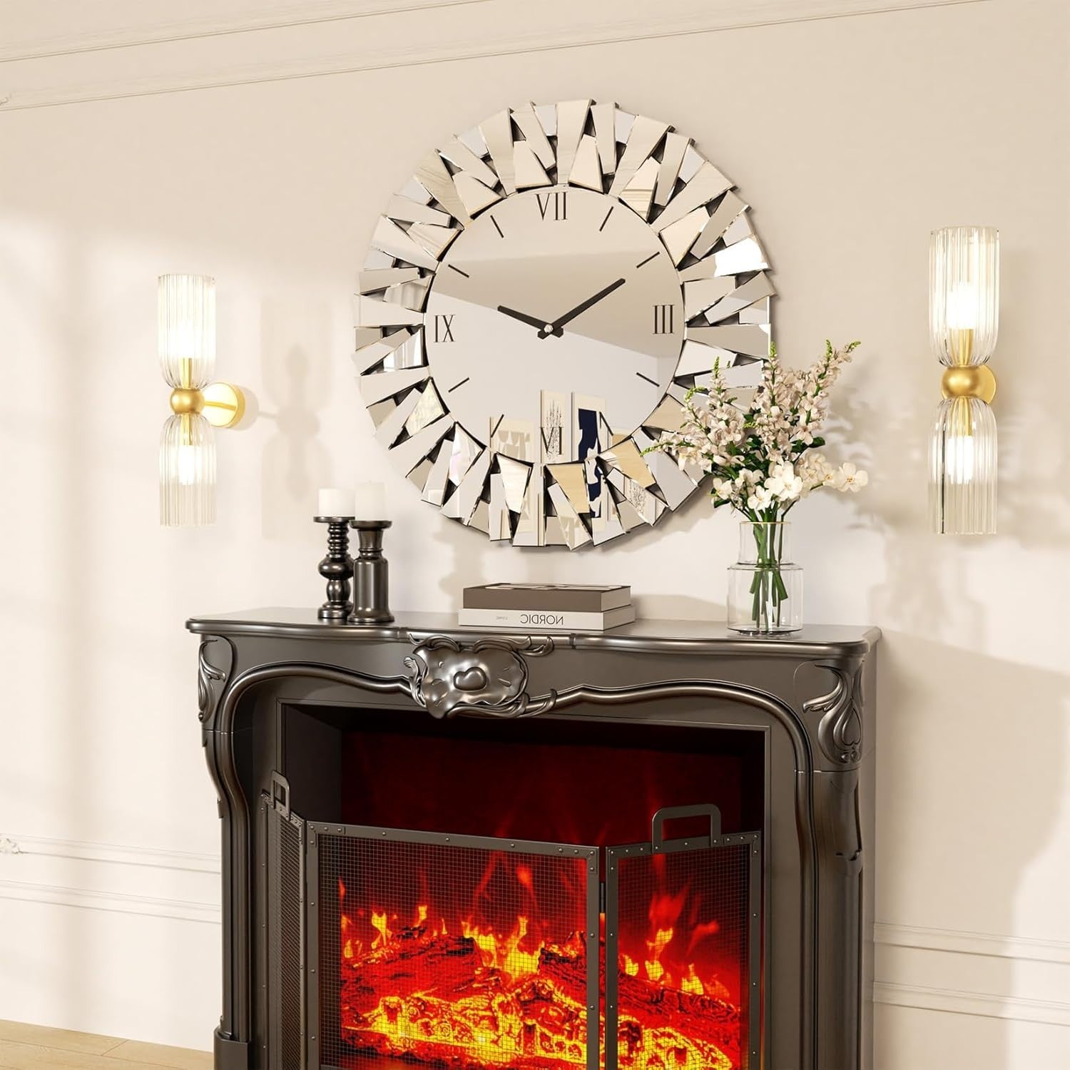 80cm Bevelled Mirror Wall Clock Silent Roman Luxury Glass Decor Round