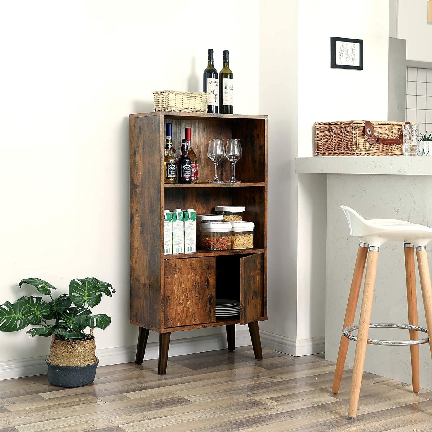 3-Tier Rustic Bookcase with Cabinet – Mid-Century Storage Shelf for Home & Offic