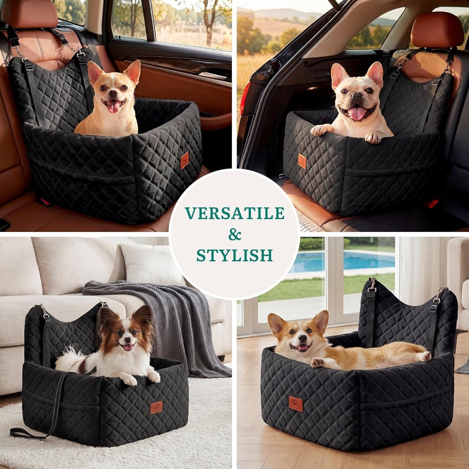 Dog Car Seat Booster Bed Memory Foam Washable Travel Seat 35lb Black