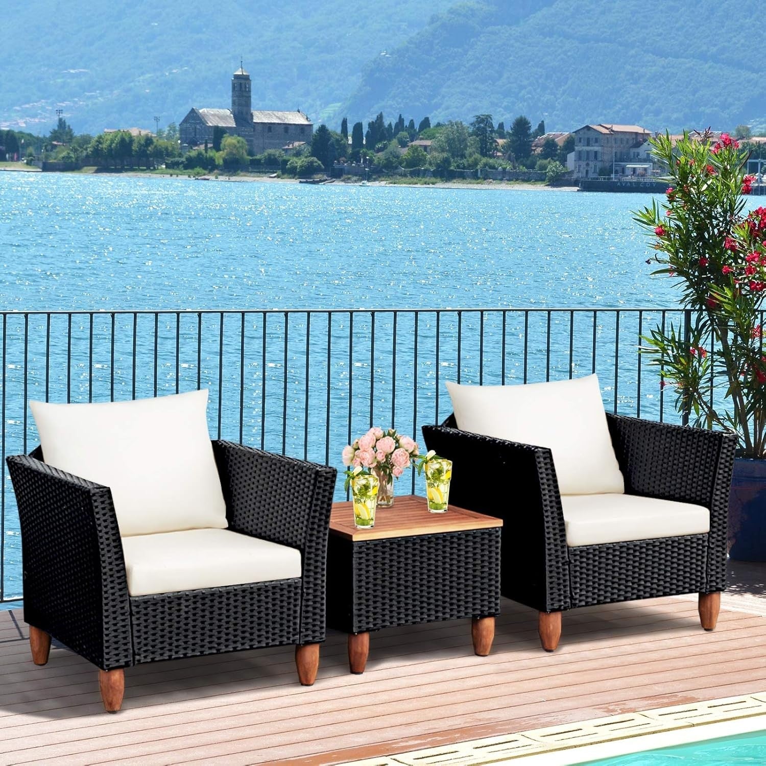 3pc Rattan Patio Set Garden Sofas w/ Cushions & Acacia Coffee Table