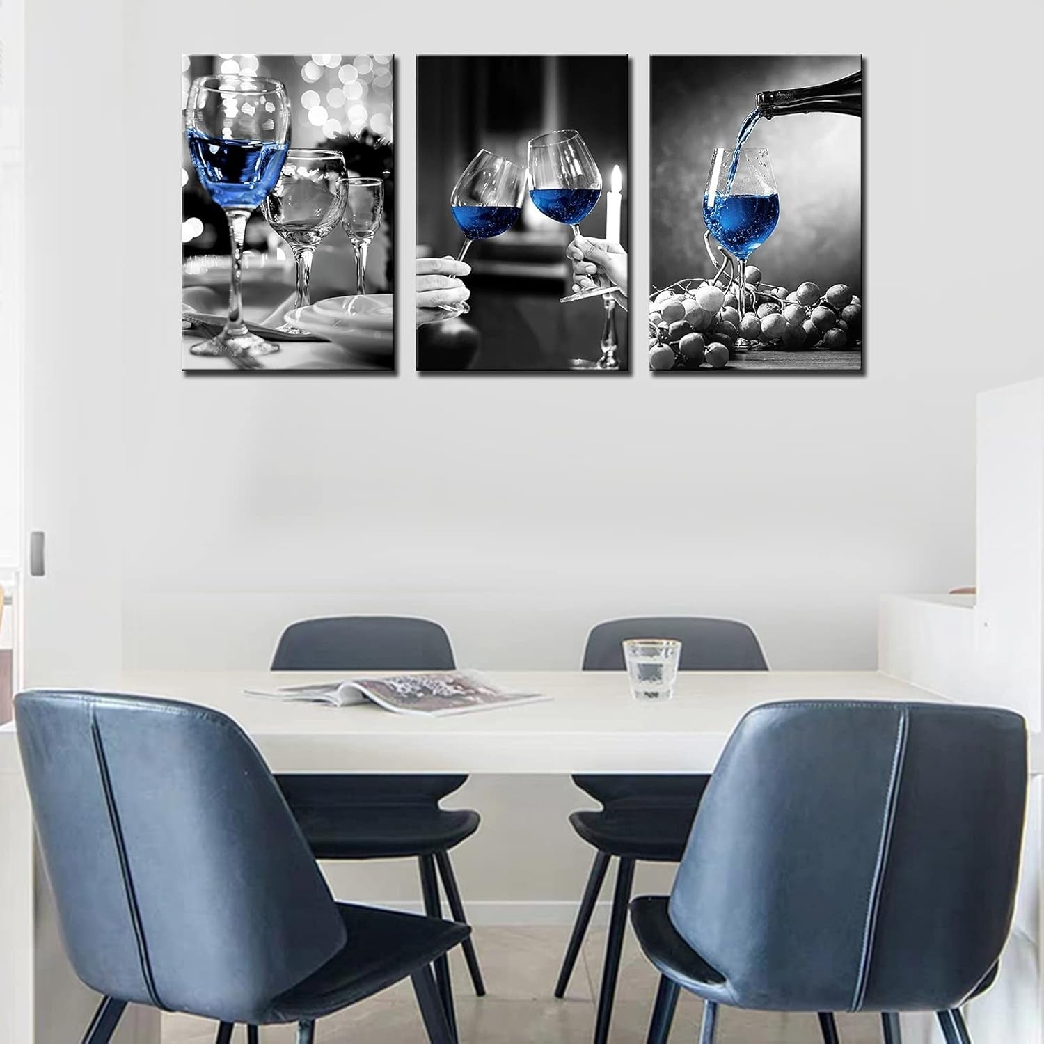 Blue Wine Glass Canvas Wall Art Set of 3 Framed 42x20 Inch