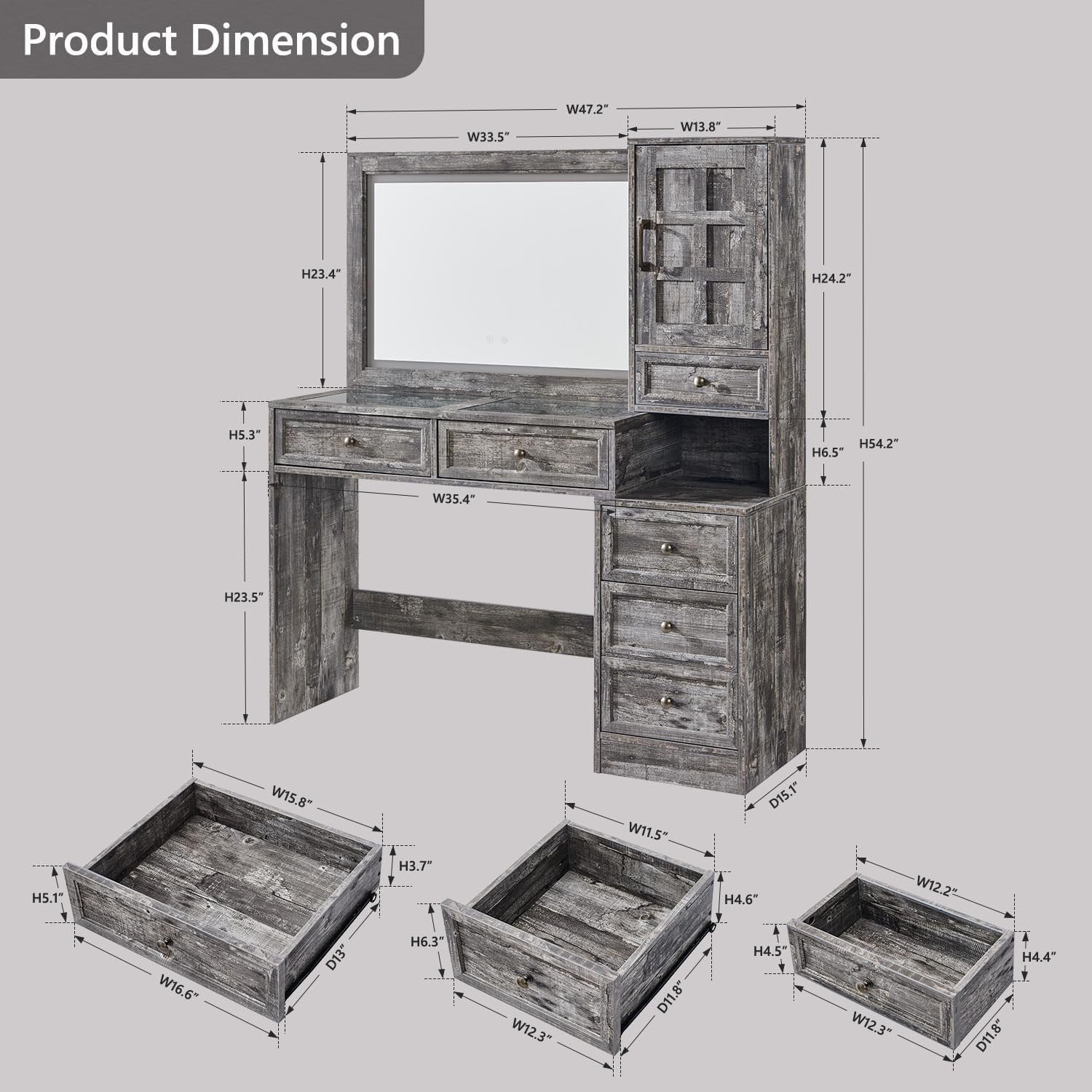 Grey Vanity Desk Makeup Table w/ LED Lighted Mirror Glass Top Storage Drawers