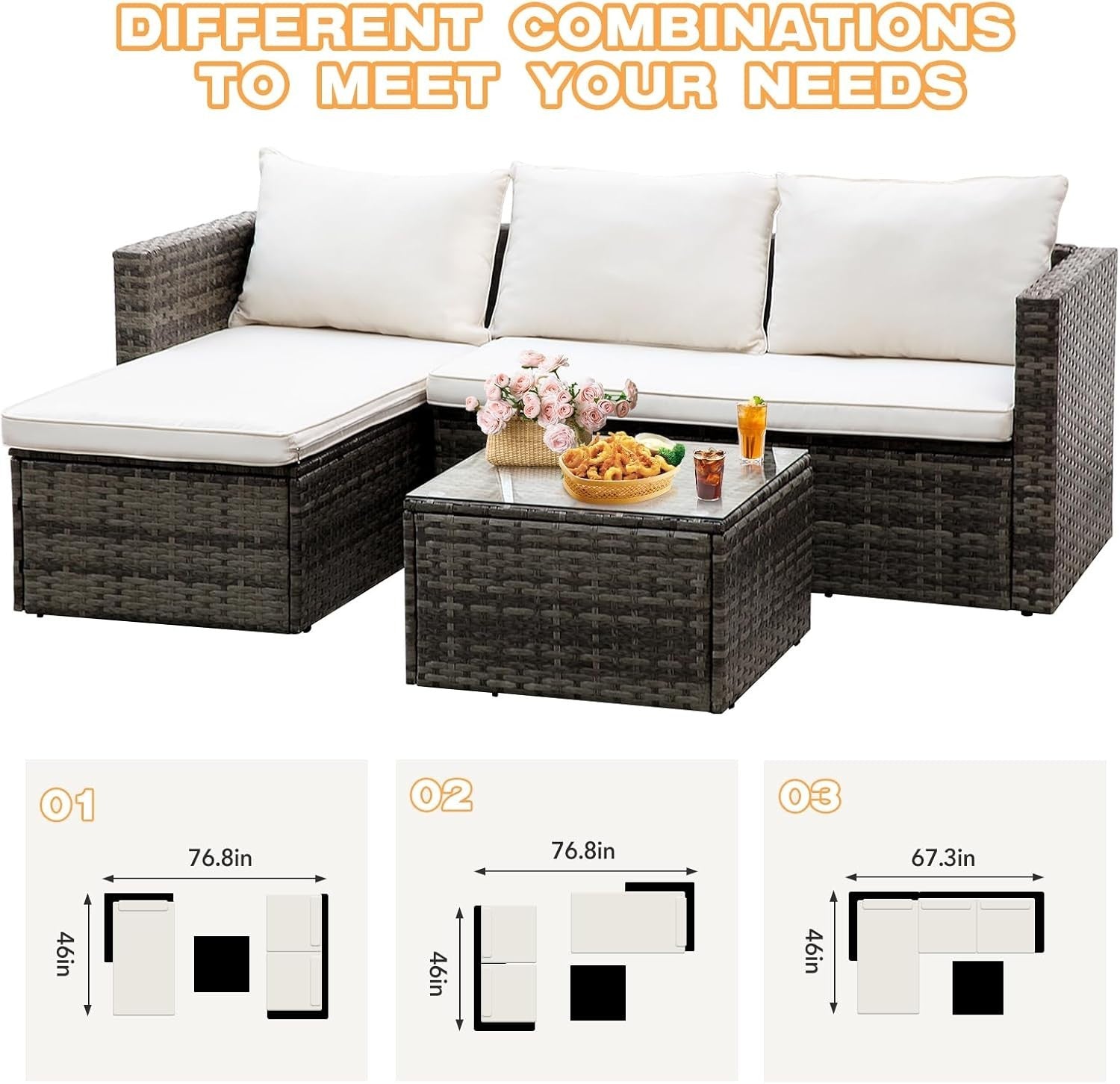 3pc Rattan Garden Sofa Set L-Shape Patio Furniture with Table Grey Cushions
