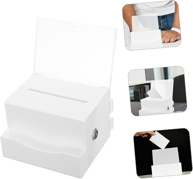 Lockable Acrylic Suggestion Donation Box White | Secure Ballot Tip Fundraiser