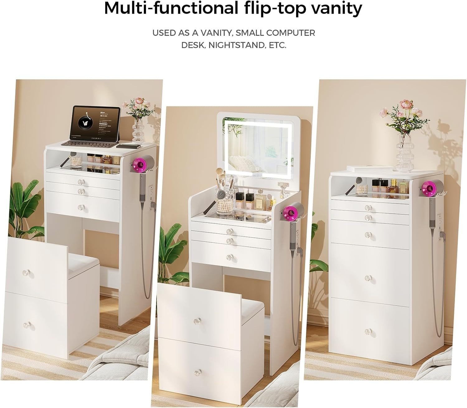 Vanity Makeup Desk Table Set 3-in-1 LED Mirror Computer Hidden Storage (77 chara