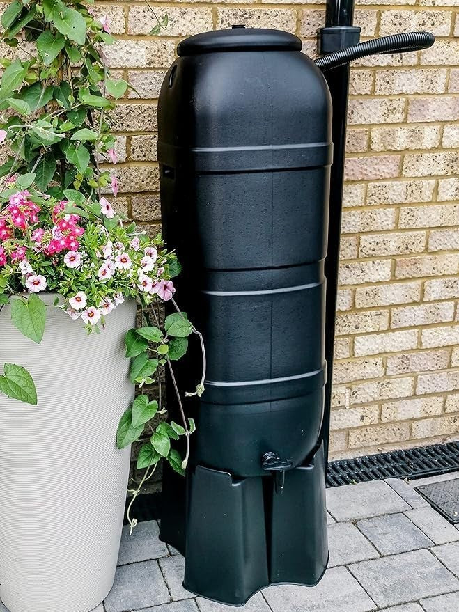 100L Slimline Water Butt Kit With Stand & Downpipe Filler Black Rain Collector
