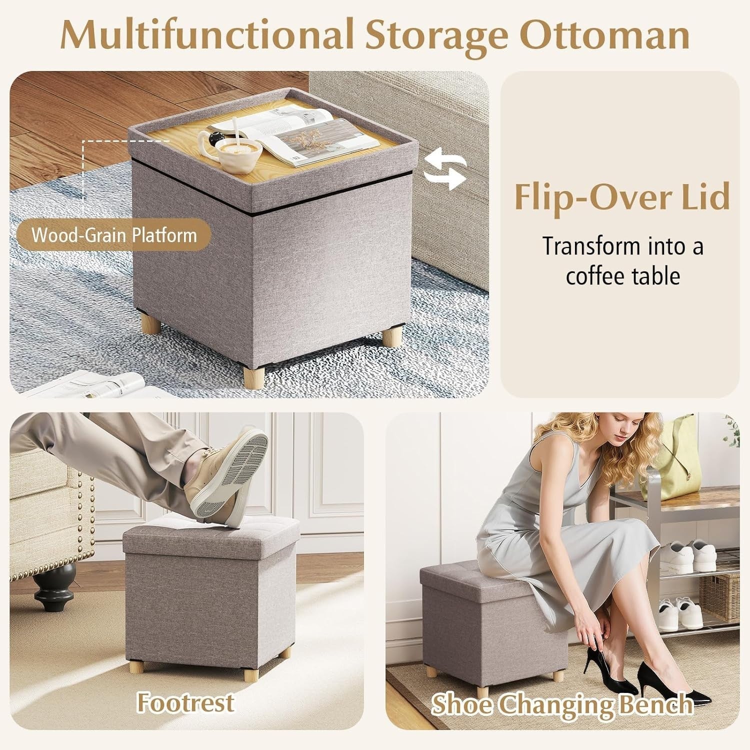 Beige Linen Storage Ottoman 45x45cm Folding Footstool Bench w/ Tray Lid & Legs