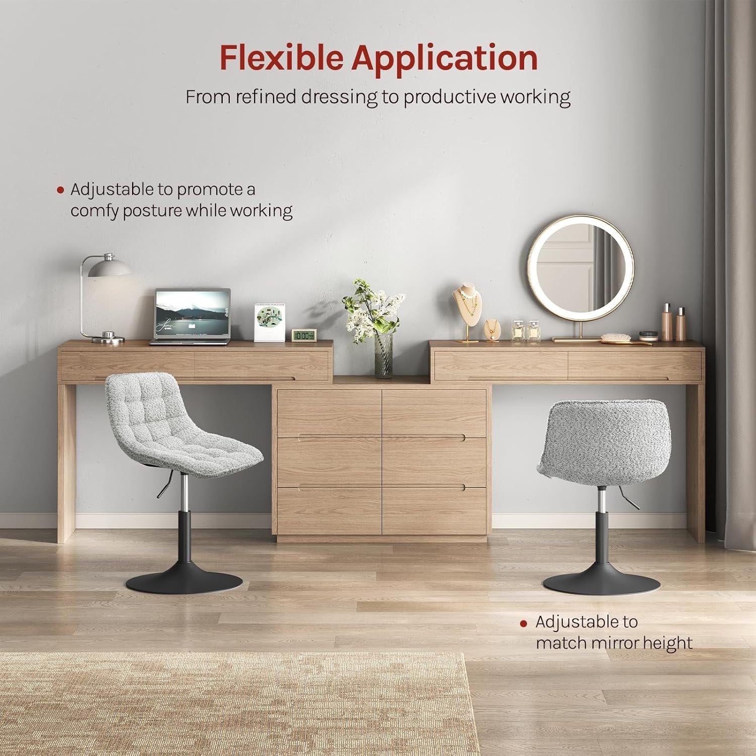Grey Swivel Vanity Chair Height Adjustable Chenille Dressing Table Stool