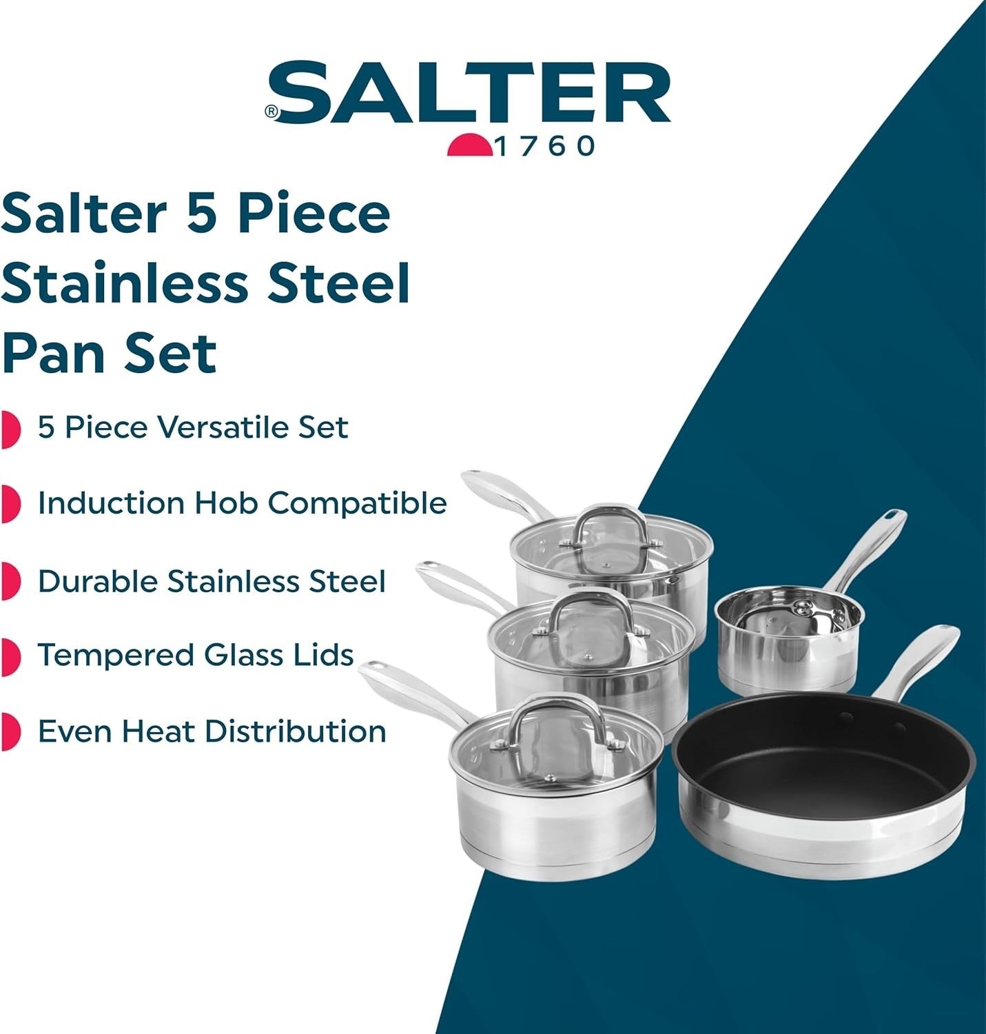 5pcs Stainless Steel Induction Saucepans and Frying Pan Set with Glass Lids