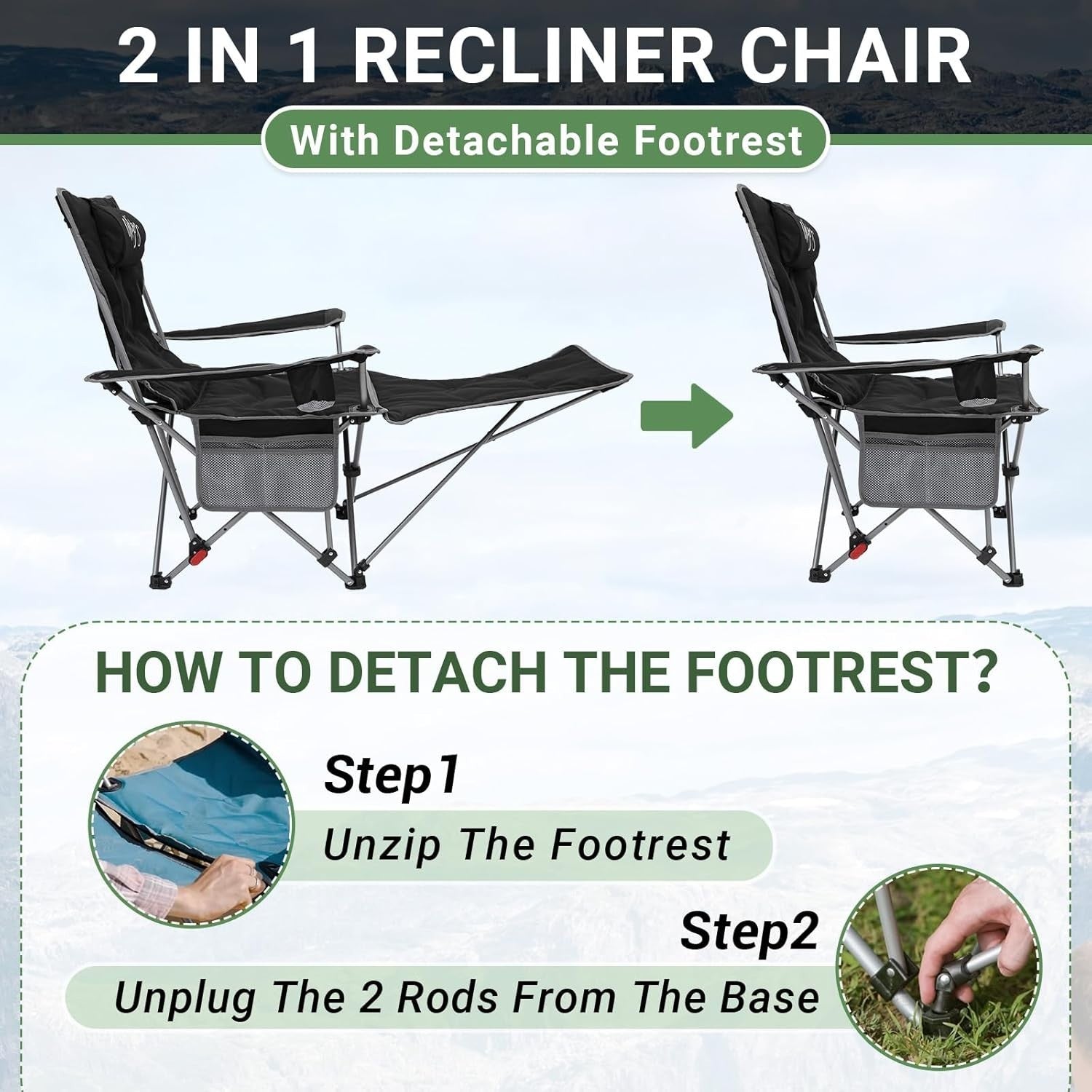 2x Padded Reclining Folding Camping Chairs Footrest Cup Holder Black