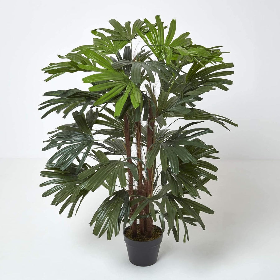 120cm Artificial Lady Palm Tree in Black Pot Tall Indoor Replica Plant Decor