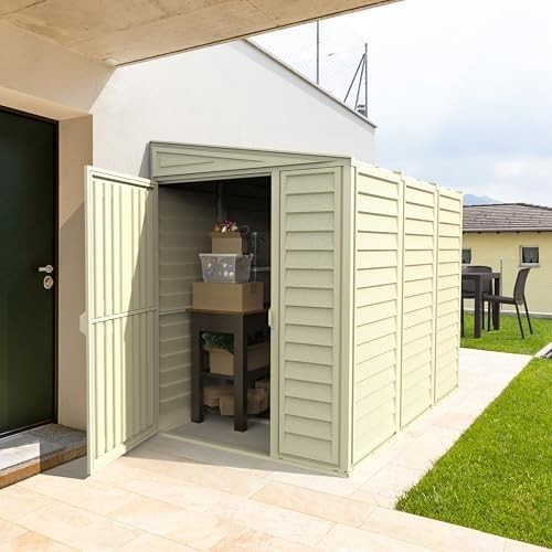 4x8ft Vinyl Garden Shed Metal Roof Lockable Maintenance-Free Ivory