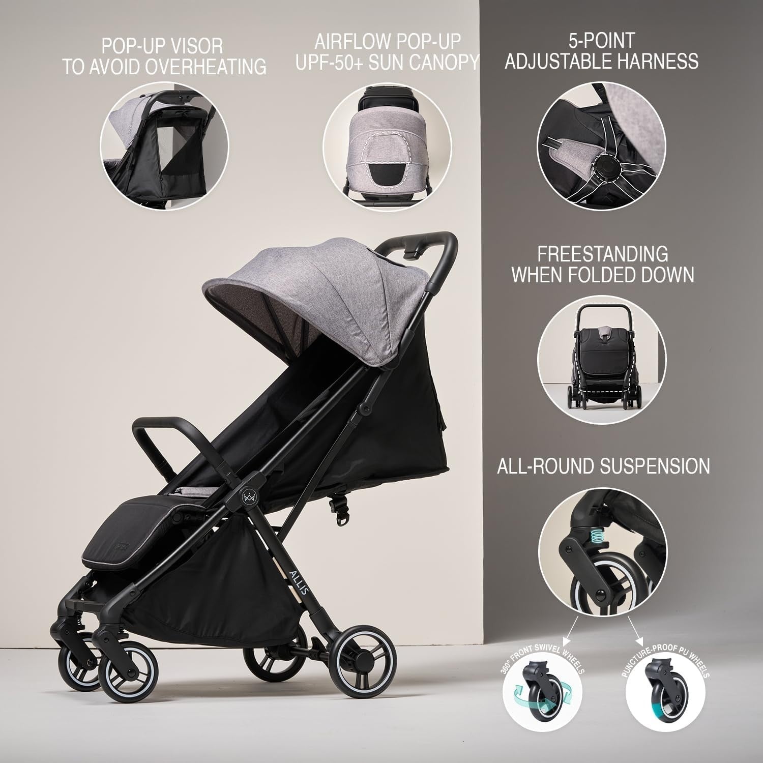Auto Fold Baby Pushchair Lightweight From Birth 22kg Footmuff Grey