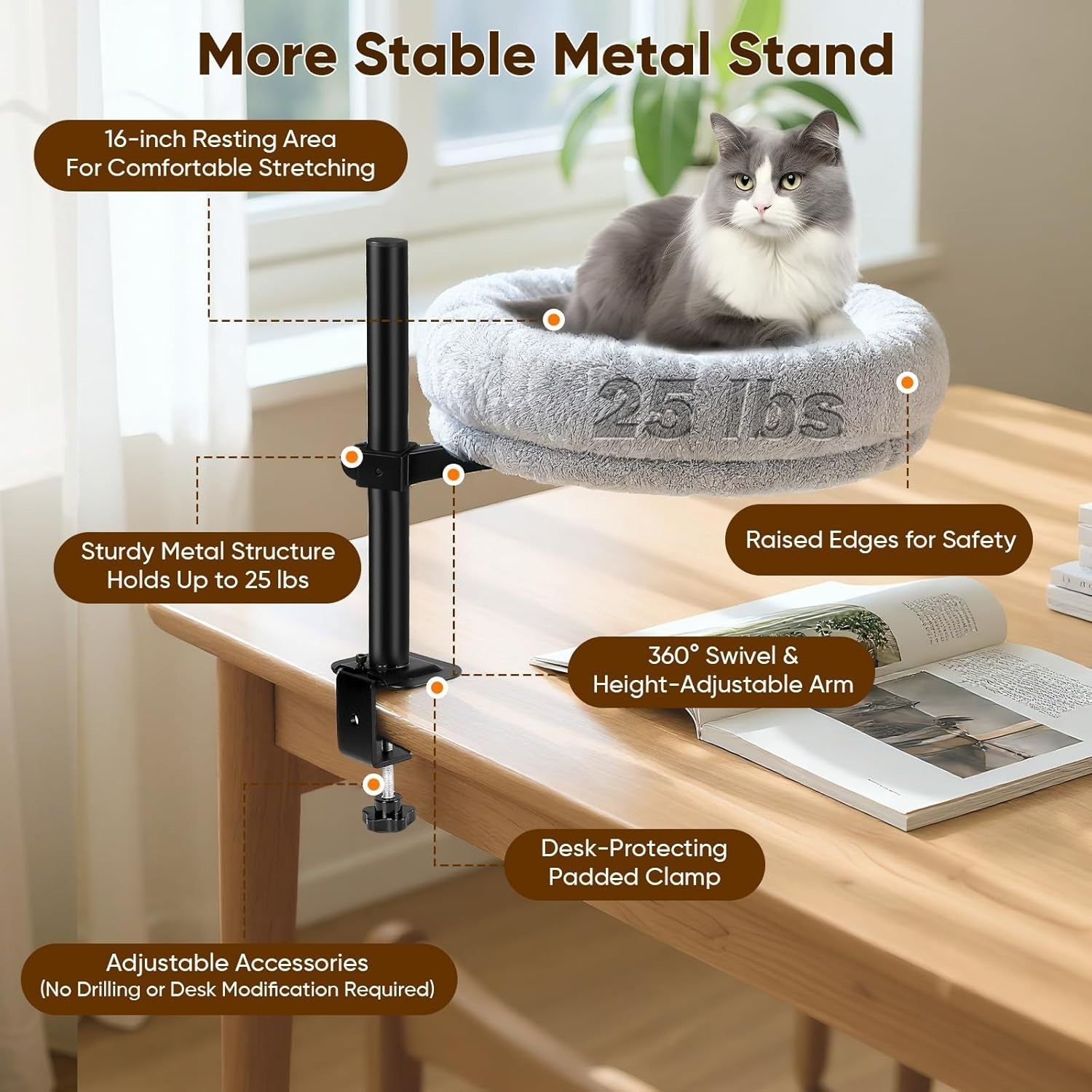 360 Rotating Desk Cat Hammock Adjustable Cat Bed with Scratching Post