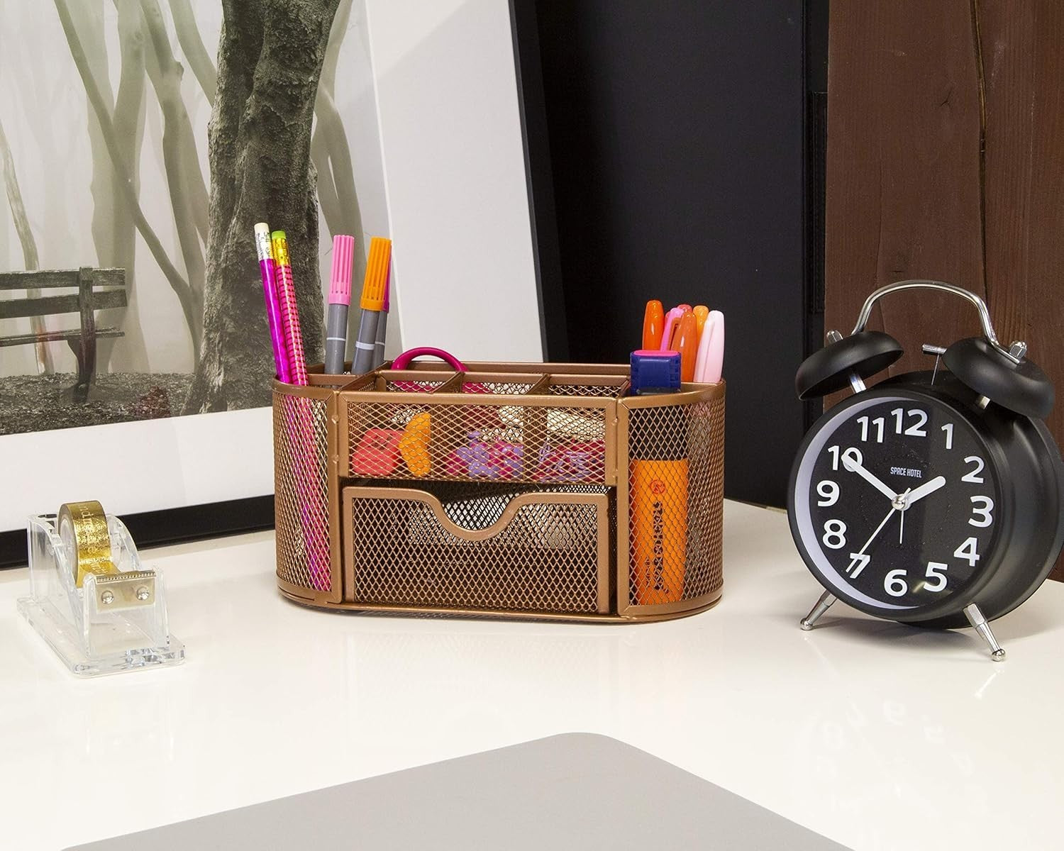 8-Compartment Rose Gold Desk Organiser with Drawer – Pen & Stationery Tidy