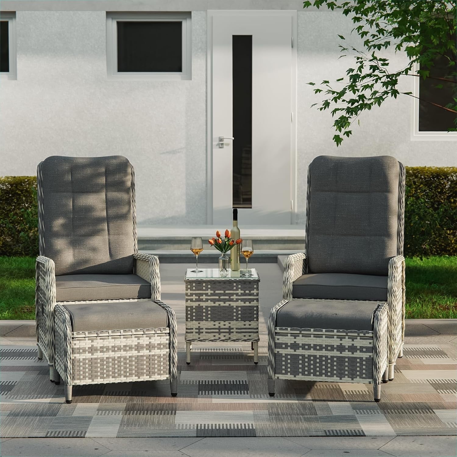 Adjustable Rattan Recliner Bistro Set Chairs Stools Coffee Table Patio Grey