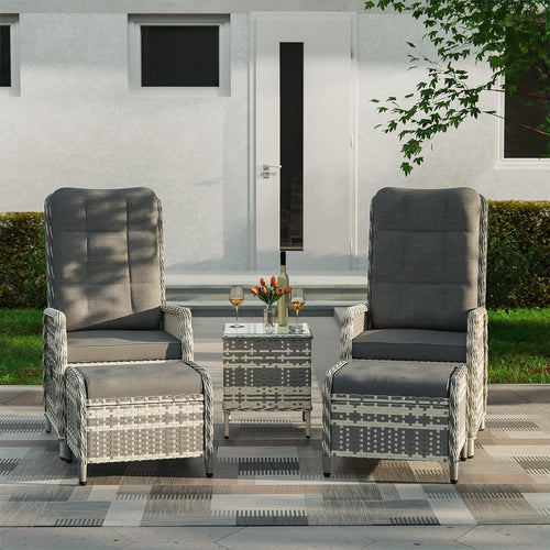 Adjustable Rattan Recliner Bistro Set Chairs Stools Coffee Table Patio Grey