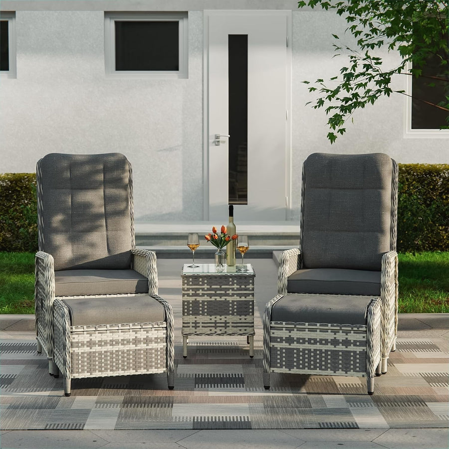Adjustable Rattan Recliner Bistro Set Chairs Stools Coffee Table Patio Grey