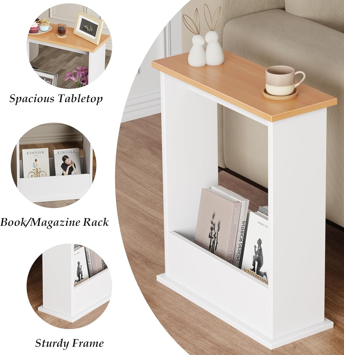 Slim Modern Side Table with Magazine Rack, Space-Saving 55x45x18cm White