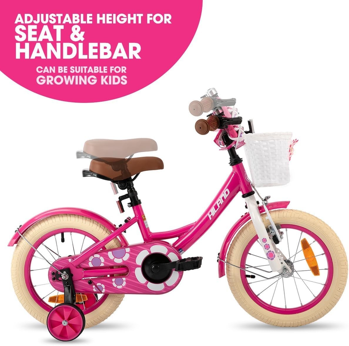 14 Inch Girls Bike with Basket Stabilisers Hand Brake Bicycle Age 3-5