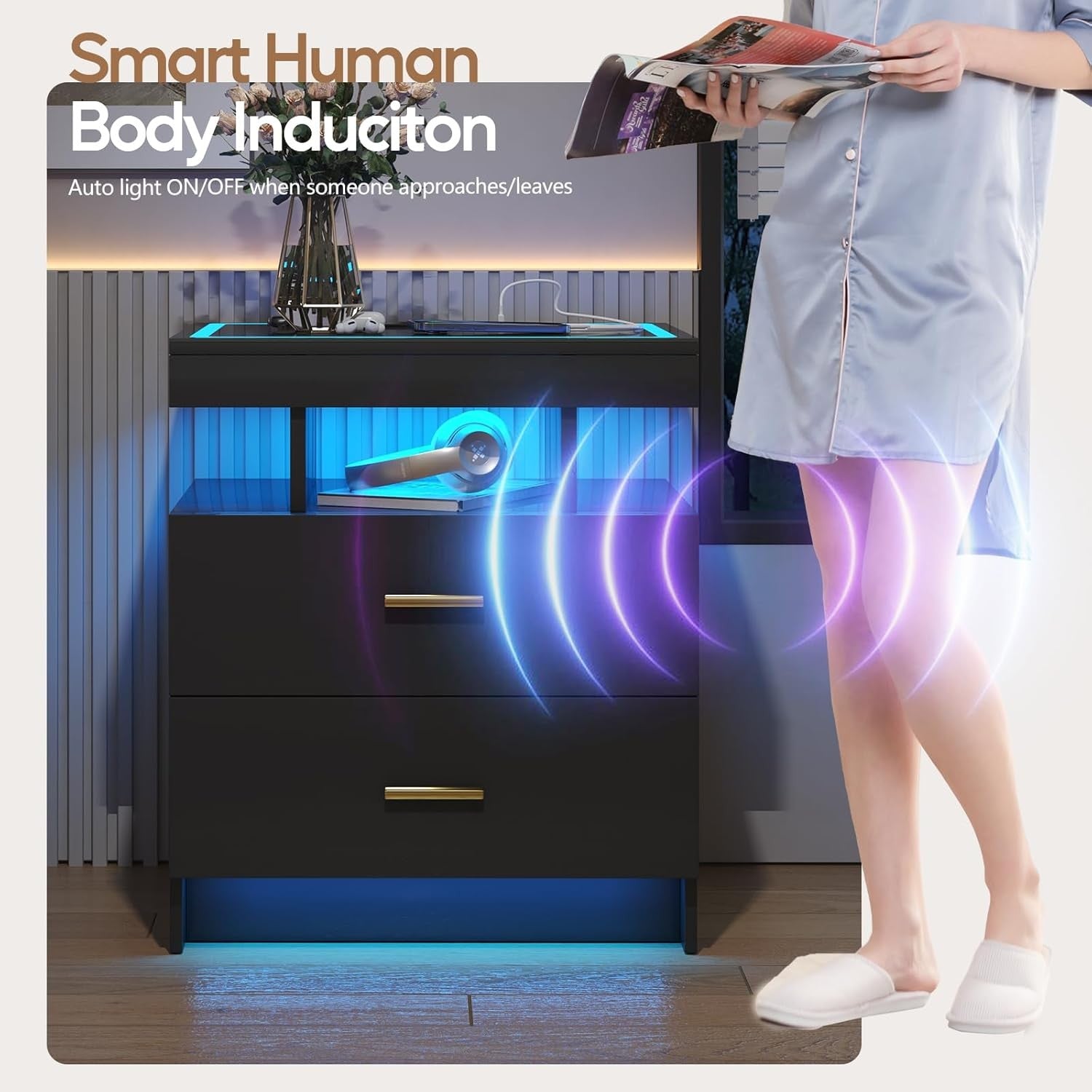 Set of 2 Black LED Bedside Tables with Wireless Charging, Glass Top & Drawers