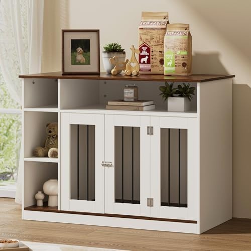Wooden Dog Crate Furniture White – Lockable Medium Pet Kennel Cabinet