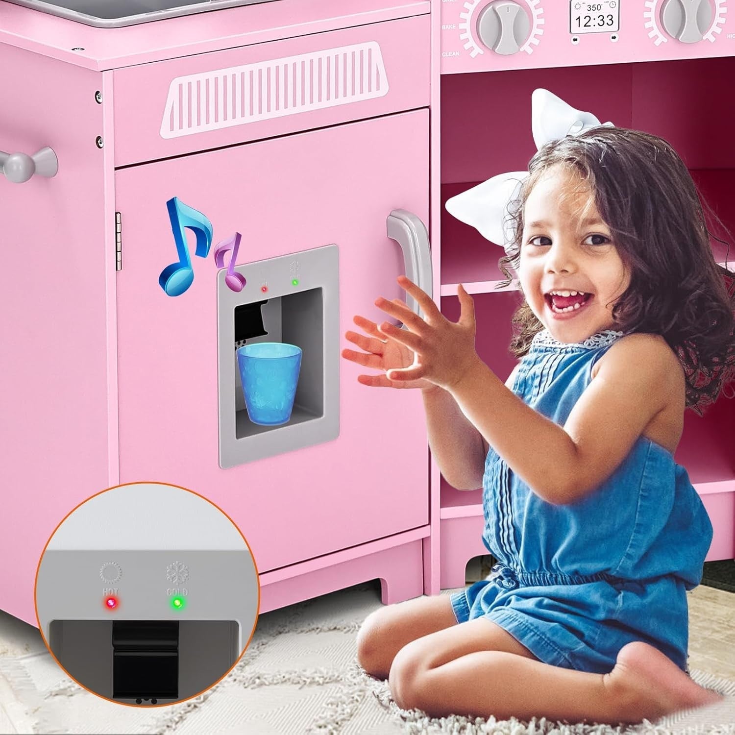 Corner Wooden Kids Play Kitchen Pink Lights Sounds Toy Set Large
