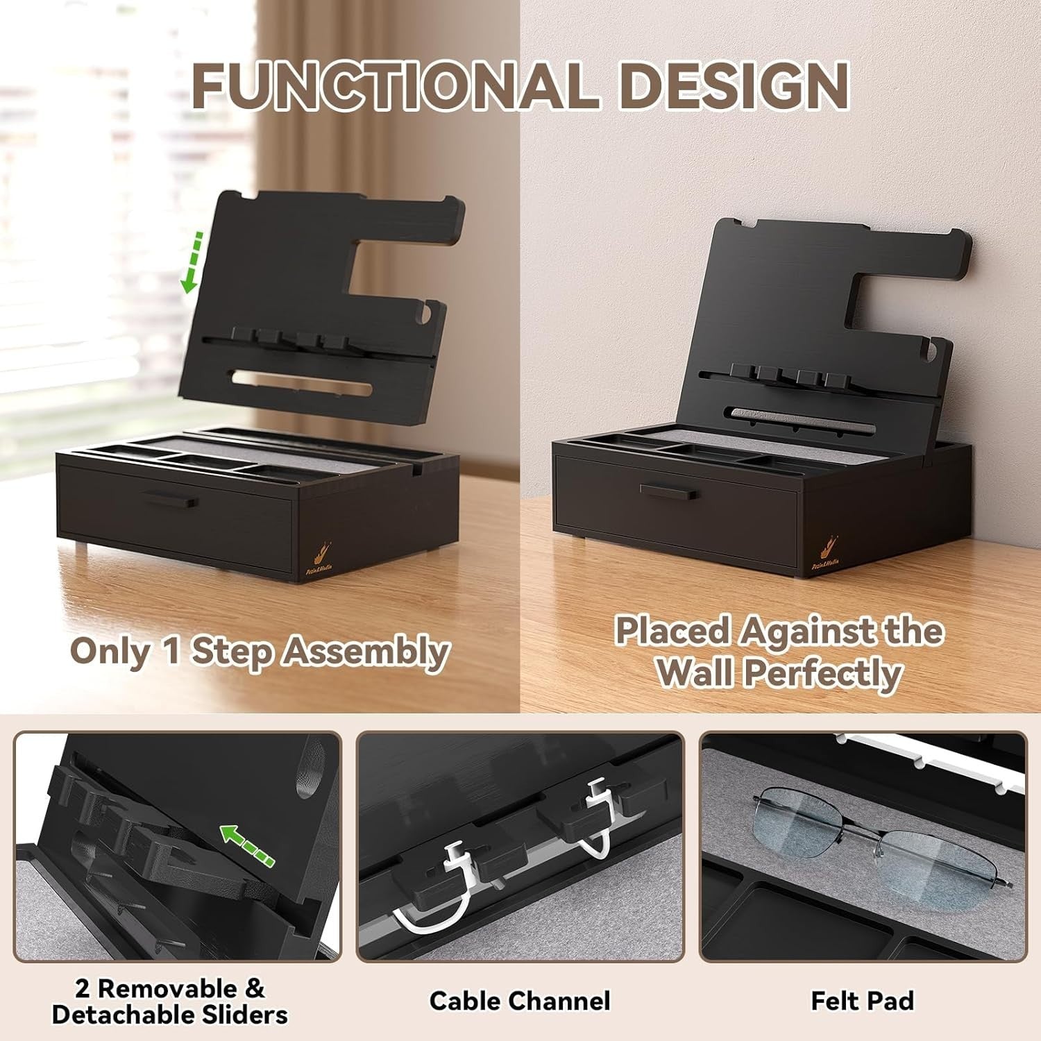 Bamboo Nightstand Organizer Tray with Drawer & Phone Dock, Multi-Device Holder