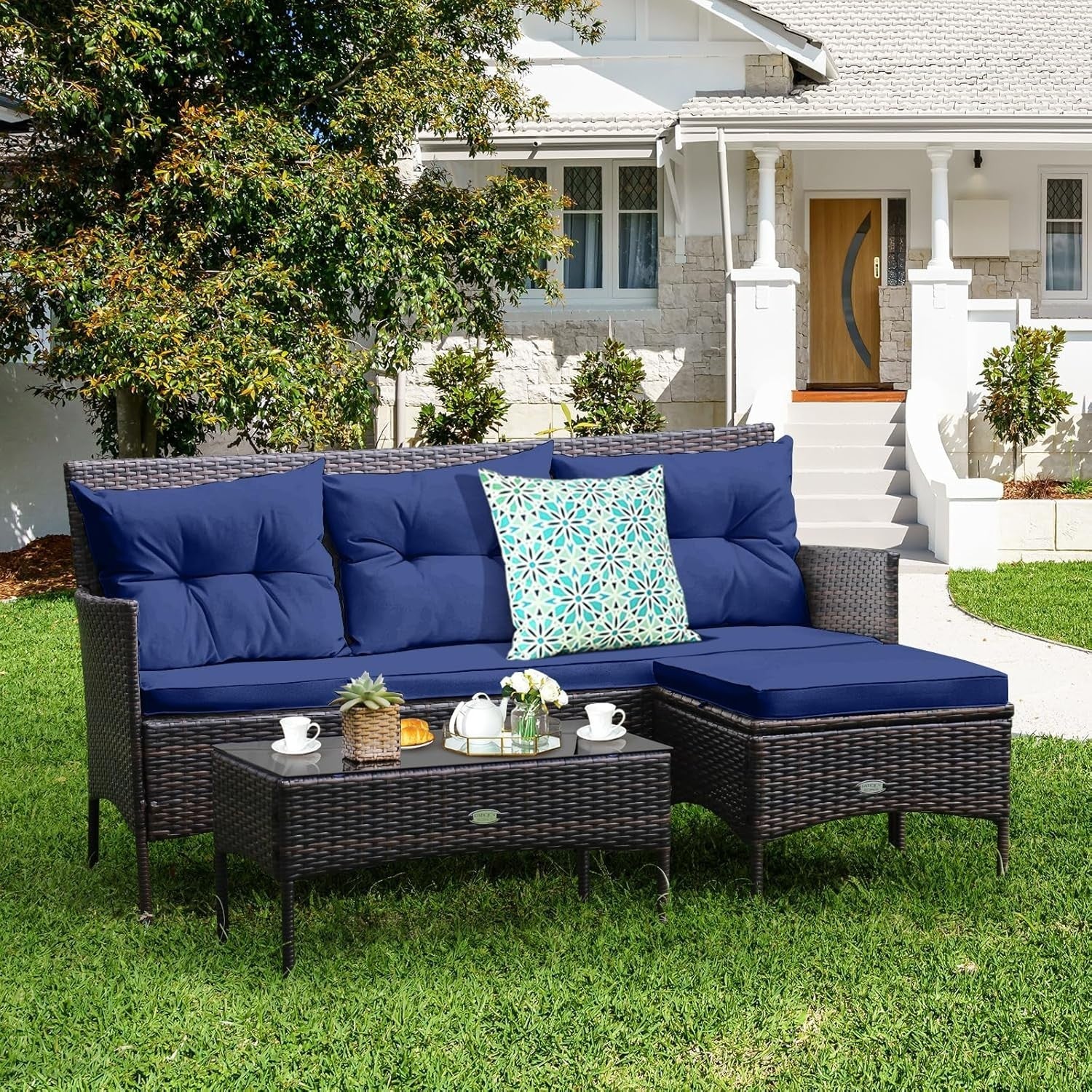 4 Seater Rattan Garden Sofa Set Corner Lounge Table Stool Cushioned
