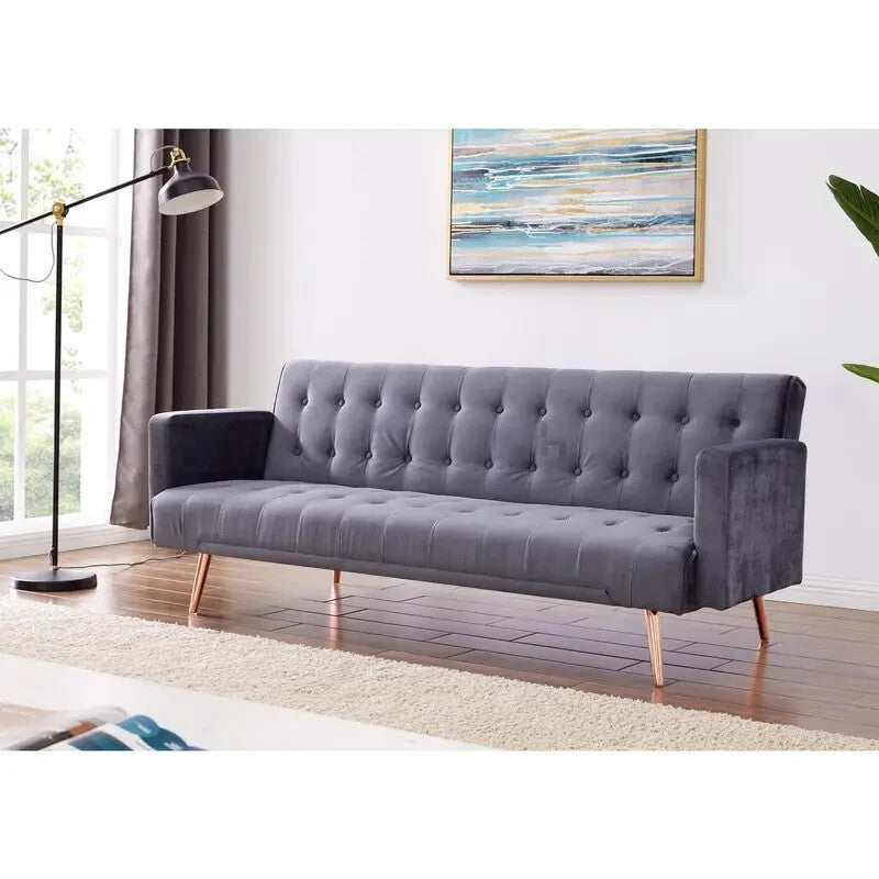Grey Velvet 3 Seater Sofa Bed Click Clack Recliner Tufted Seat Modern
