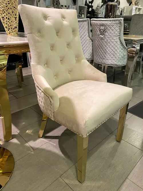 2x Mink Velvet Dining Chairs Gold Legs Ring Knocker Back Tufted Set