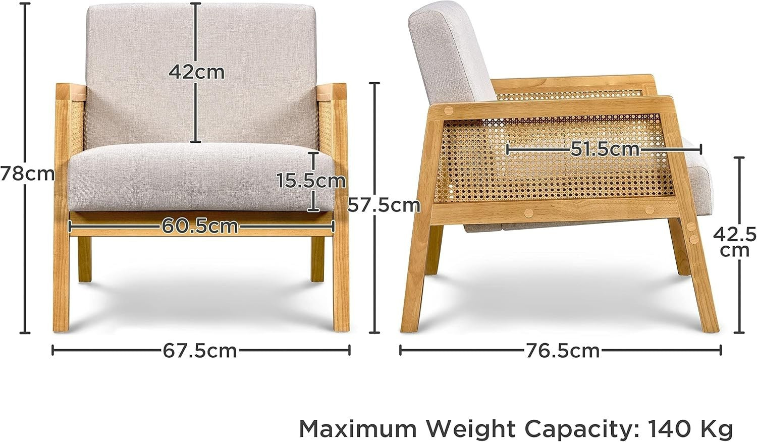 Modern Linen Accent Chair with Rattan Sides, Comfortable Armchair for Living