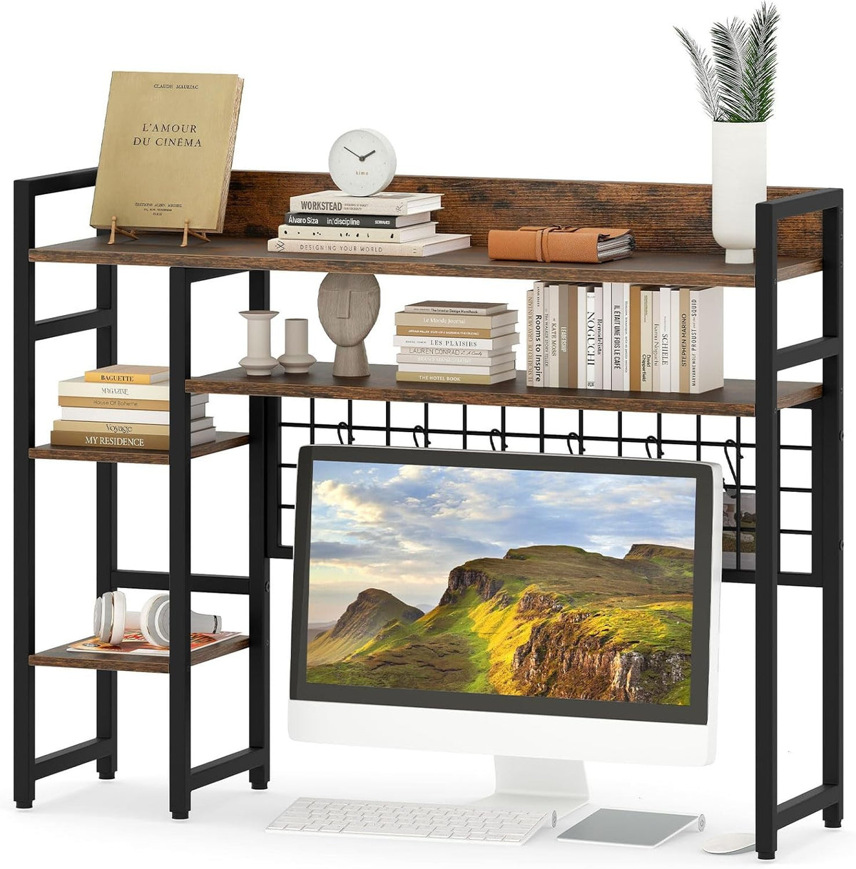 4-Tier Rustic Desktop Hutch Bookshelf Monitor Stand with Hooks Desk Organizer