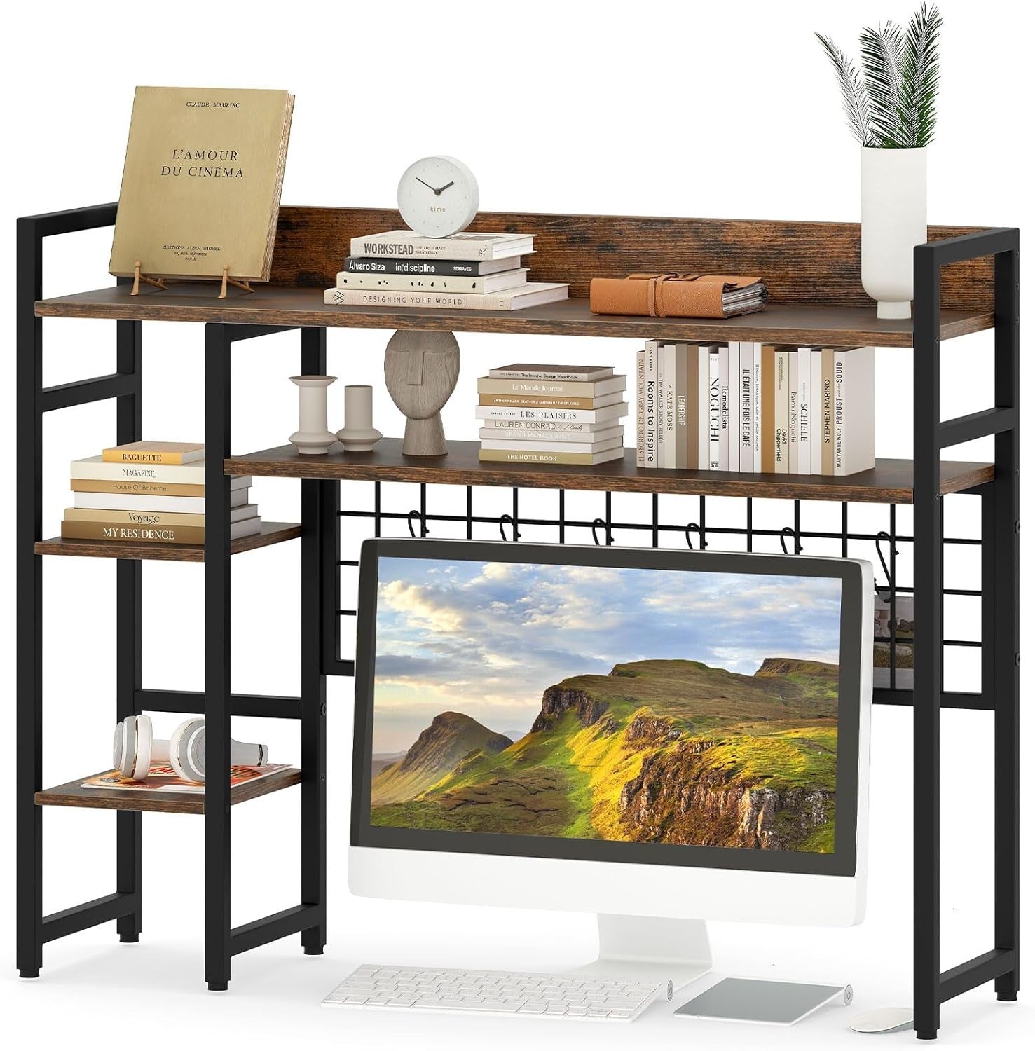 4-Tier Rustic Desktop Hutch Bookshelf Monitor Stand with Hooks Desk Organizer