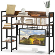 4-Tier Rustic Desktop Hutch Bookshelf Monitor Stand with Hooks Desk Organizer