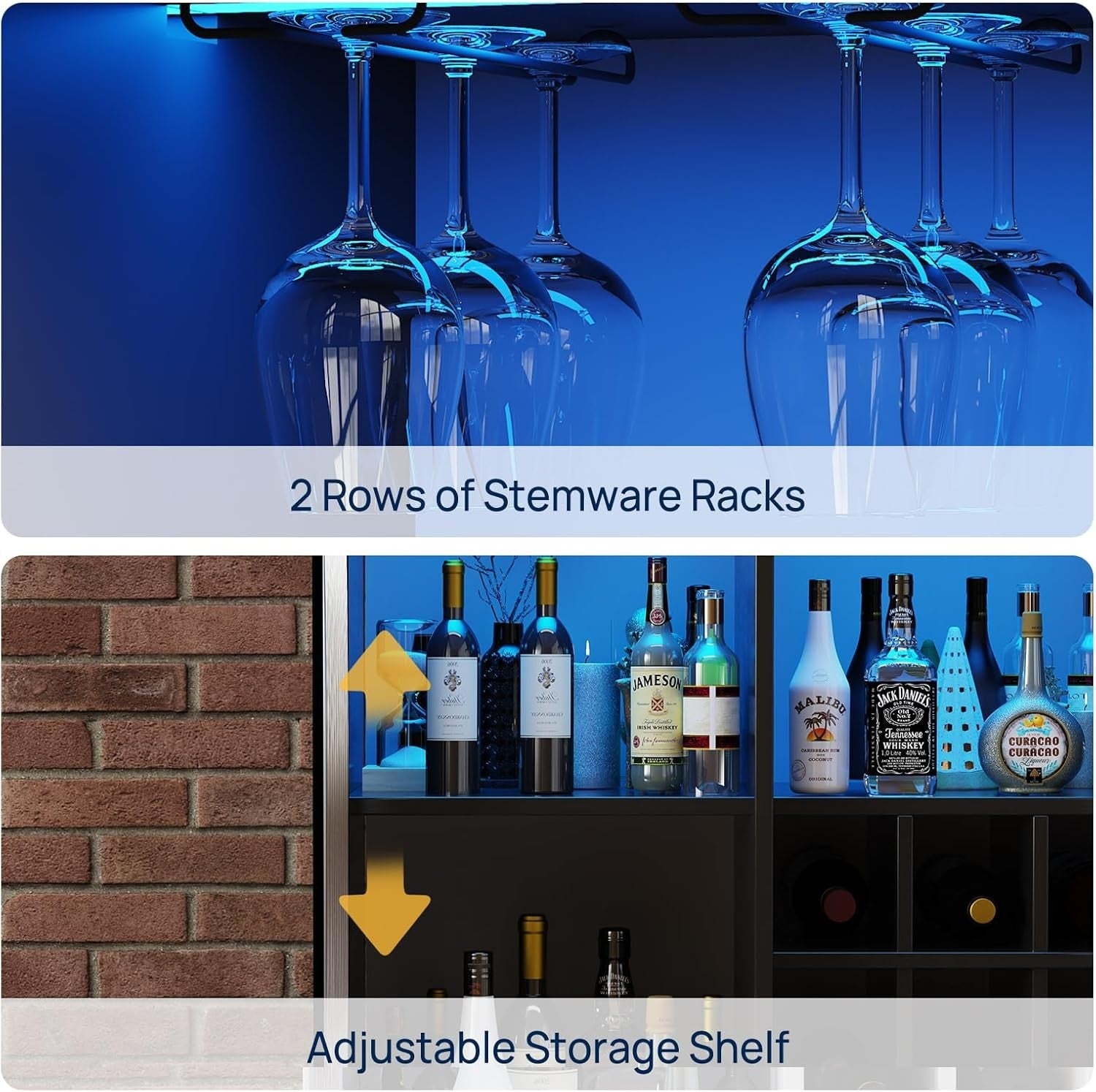 L-Shaped Home Bar Cabinet with LED Lights & Power Outlets, Wine Storage & Shelve