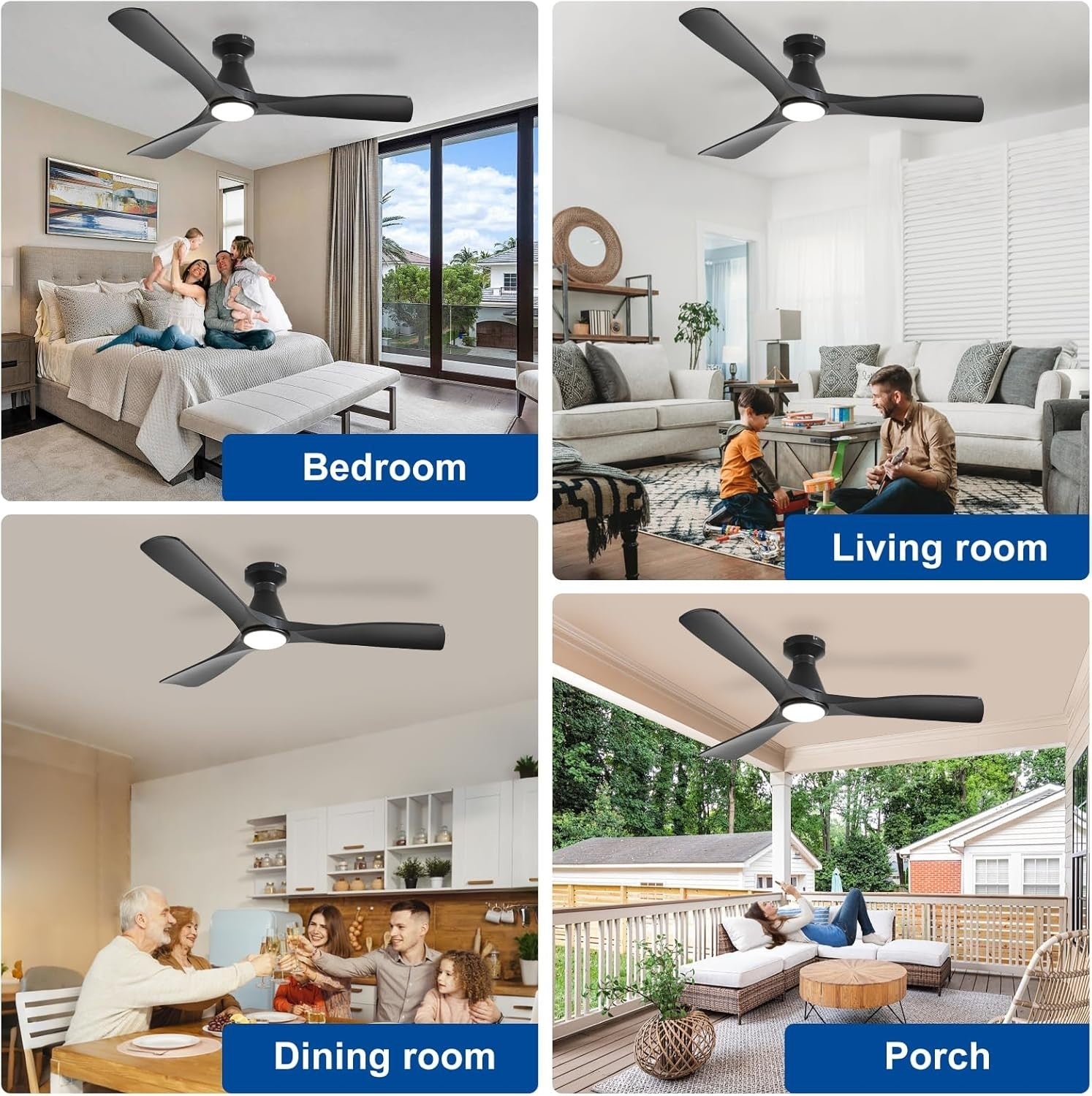 52" Ceiling Fan Light, 3-Blade LED, Reversible Quiet DC Motor, Black