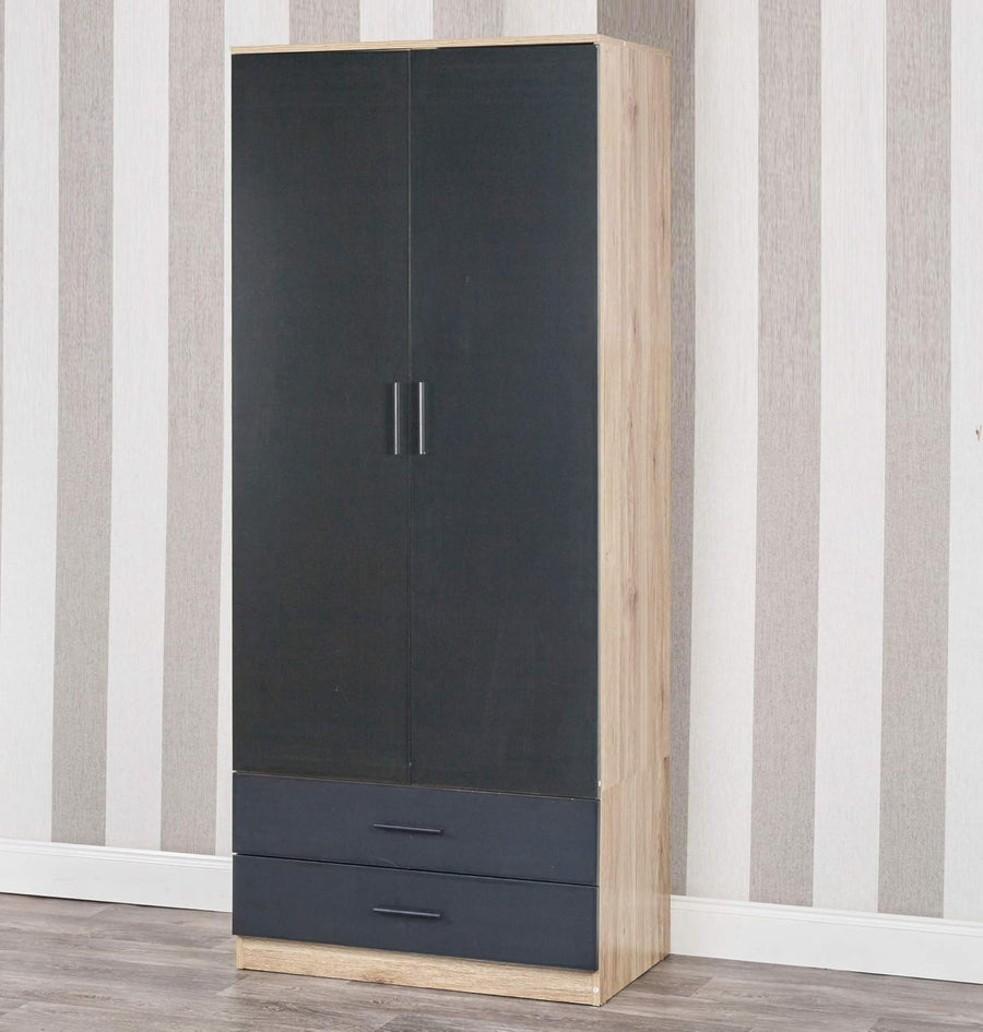 Tall Oak 2 Door Wardrobe Black Drawers | Modern Bedroom Clothes Storage