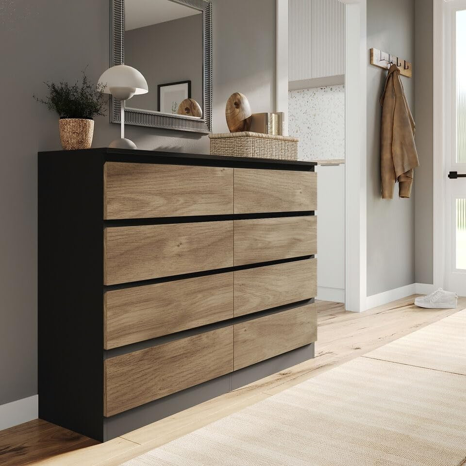 8 Drawer Black Oak Chest Storage Cabinet Modern Bedroom Office Organiser