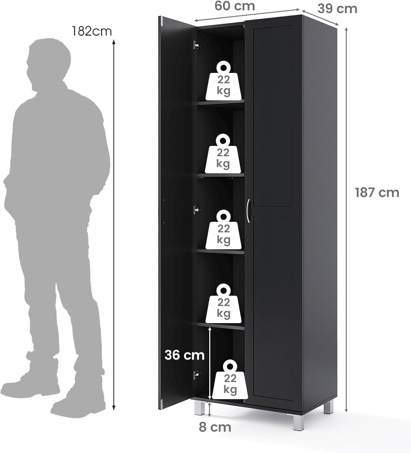 Tall Black Storage Cabinet 2 Door Cupboard | Adjustable Shelves Freestanding Uni