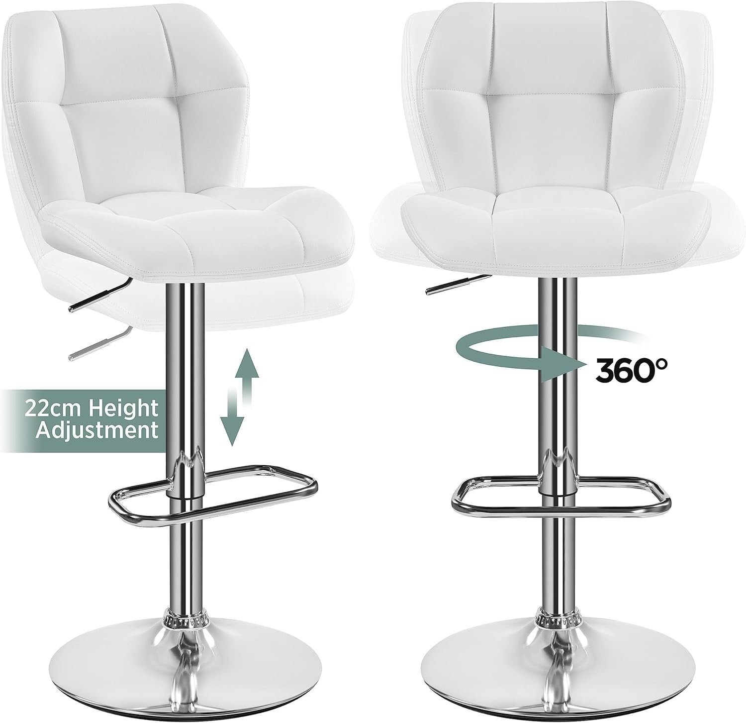 Adjustable White PU Leather Bar Stools Set of 4 – Swivel Counter Chairs