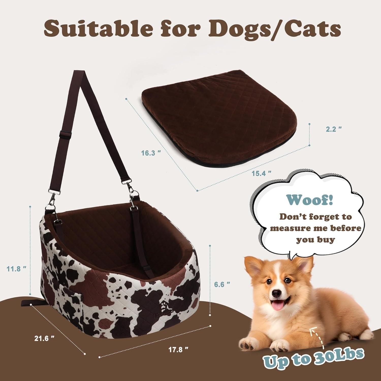 Memory Foam Dog Car Seat Booster Bed Washable Travel Carrier 30lb