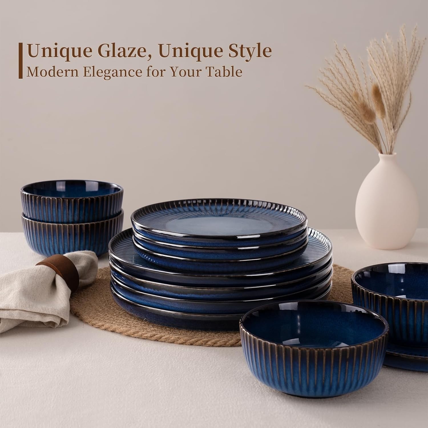 12 Piece Stoneware Dinner Set Bowls Reactive Glaze Dishwasher Safe